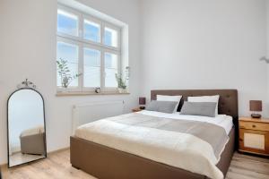 a bedroom with a large bed and a mirror at Zamkowa Apart in Cieszyn