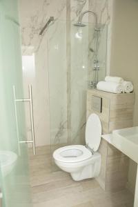 a white bathroom with a toilet and a shower at Casa Anabeca in Baile Felix