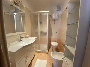 a bathroom with a shower and a sink and a toilet at Europa Casa Vacanze in Villetta Barrea +41 photos