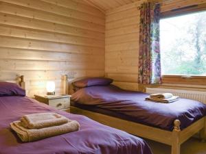 サマートンにあるViaduct Fishery Lodgesのログキャビン ベッド2台 窓付