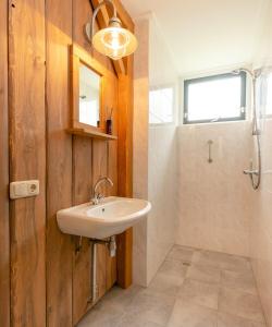 a bathroom with a sink and a shower at 8- person childbungalow - Theme Farm Adapted in Zuna