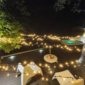 un jardín con luces y una piscina por la noche en VIP Yellow dream house Sodyba Geras en Anykščiai