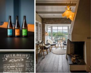 two pictures of a living room with two bottles of wine at Lilland Brewery Hotel in Tau