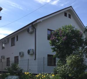 - un bâtiment blanc avec des fenêtres et un arbre dans l'établissement Vila ALBA AREAL, à Costinesti