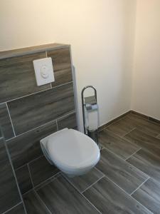 a bathroom with a white toilet in a room at Ferienhof Meyer in Nahrendorf