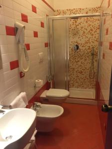 a bathroom with a shower and a toilet and a sink at Elba Hotel in Rosignano Solvay