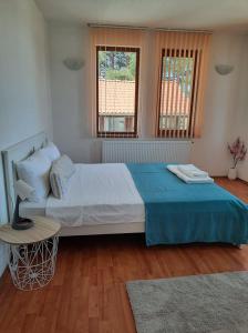 a bedroom with a large bed with a blue blanket at Вила Мариам Villa Mariam in Batak