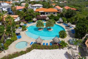an aerial view of a resort pool with chairs and palm trees at Studio at the pool in tropical Resort Seru Coral with privacy and large pool in Willemstad