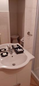 a bathroom with a white sink and a toilet at Ascoli per te in Ascoli Piceno