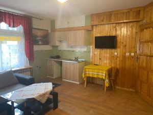 a living room with a kitchen with a table and a television at Kompleks Wypoczynkowy Harnaś II in Kościelisko