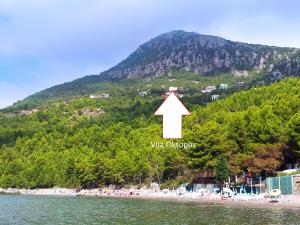 a red arrow pointing to a beach and a mountain at Apartments Oktopus in Sutomore