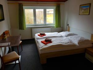 a bedroom with a bed and a table and a window at Hotel Sasanka in Vysoke Tatry - Tatranska Lomnica.
