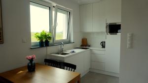 eine Küche mit einem Tisch, einem Waschbecken und einem Fenster in der Unterkunft Apartament Osiedle Zielone in Chmielno