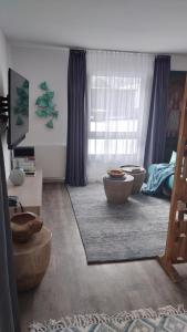 sala de estar con ventana grande y alfombra en Maurers Schlierseetraum 1 hochwertige Erdgeschosswohnung mit allen Raffinessen erfreut sich auch Urlauber idealerweise für Paar mit Kindern geeignet und Vierbeiner Dank des tollen Zauns auf der Terrasse stylisch und edel von der Ausstattung mit 64 qm, en Schliersee