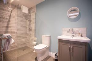 ein Badezimmer mit Toilette, Waschbecken und Dusche in der Unterkunft Kilbroney River Cottage in Rostrevor + 27 Fotos