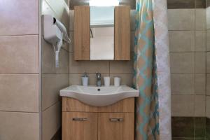 La salle de bains est pourvue d'un lavabo et d'un sèche-cheveux. dans l'établissement Irini-Kalamaki-apartments, à Kalamaki