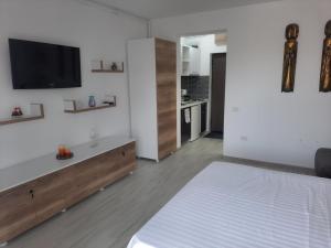 a bedroom with a bed and a tv on a wall at Beach Residence 10 metri pana la plaja in Năvodari