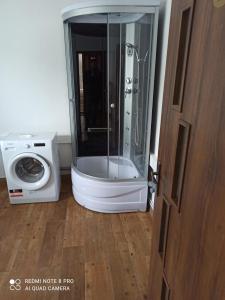 トポリュチャニにあるApartmanový dom Stummerovaのシャワー(ガラスドア付)、洗濯機が備わります。