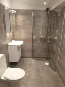y baño con ducha, aseo y lavamanos. en Adelsgatan 36 lägenhetshotell, Gotland Living and Meeting, en Visby