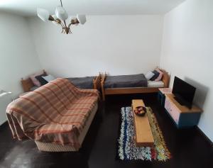 - un salon avec un canapé et une table dans l'établissement Babičkin Dom, à Medzilaborce