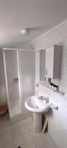 a white bathroom with a sink and a shower at Apartmani Jovanovic in Lustica +30 photos