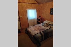 een slaapkamer met een bed en een deur met een raam bij Tiny Cabin at the DonkeyRanch in Medicine Park