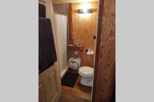 a small bathroom with a toilet and a sink at Tiny Cabin at the DonkeyRanch in Medicine Park