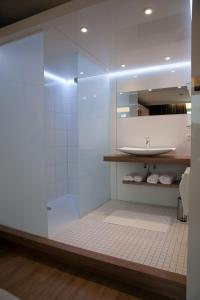 uma casa de banho com um chuveiro e um lavatório. em Appart'hotel Urban Lodge em Chaudfontaine