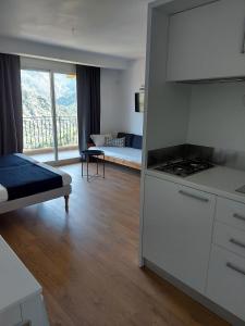 a room with a kitchen and a living room with a couch at Résidence E CIME ASCO in Asco