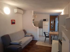 ein Wohnzimmer mit einem Sofa und einem Tisch in der Unterkunft Apartman Ella in Vrsi