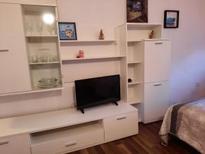 ein Schlafzimmer mit weißen Regalen und einem TV in der Unterkunft Apartman Ella in Vrsi