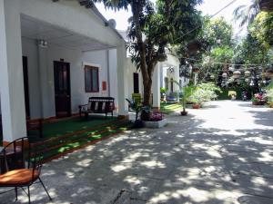 a courtyard of a house with a bench and trees at Eden House & Coffee Con Dao in Con Dao