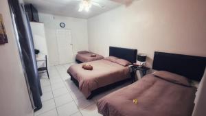 a bedroom with two beds and a table and a clock at Sheilas Self-Catering Overnight Accommodation in Polokwane