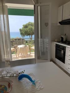 una cucina con tavolo e vista sull'oceano di Il Mandarino Rooms & Apartments a Cittadella del Capo