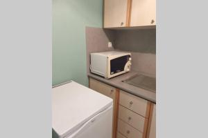 a kitchen with a microwave on a counter at central studio very close to the port of Volos in Volos