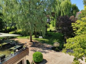 een tuin met een tafel en stoelen en een boom bij Schönenberger Hof in Orsingen-Nenzingen