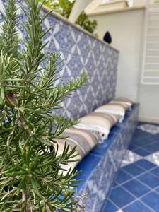 eine Reihe von Kissen auf einer Bank mit einer Pflanze in der Unterkunft Casa Vacanze Ibiscus in Alcamo Marina