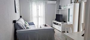 ein Wohnzimmer mit Sofa und Fernseher in der Unterkunft Piso 100 metros del Centro del Pueblo 6 kilómetros de la PLAYA La BARROSa in Chiclana de la Frontera