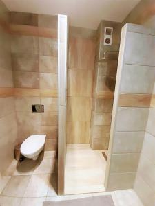 a small bathroom with a toilet and a shower at Apartament na Kruczej in Lubin +18 photos
