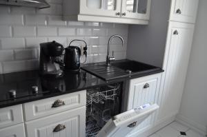 - une cuisine avec un plan de travail noir et un évier dans l'établissement Apartament Orchidea Centrum, à Varsovie 34 autres photos