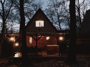 dom w lesie w nocy z światłami w obiekcie Kedvesem Noszvaj w mieście Noszvaj