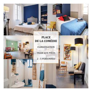 un collage de photos d'une chambre et d'une pièce dans l'établissement Le comédien - Climatisation Place de la comédie, à Montpellier