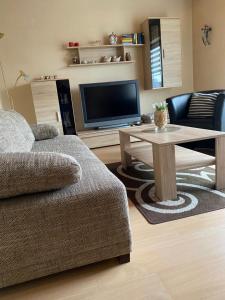 uma sala de estar com um sofá, uma mesa e uma televisão em Ferienhaus am Hammrich em Leer