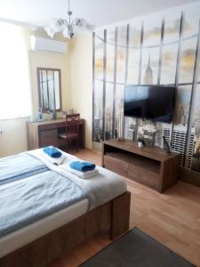 Schlafzimmer mit einem Bett und einem Flachbild-TV in der Unterkunft Szent Miklós Apartman in Hajdúszoboszló
