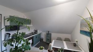 a kitchen with a sink and a table with plants at Ferienwohnung Elsa in Hungen