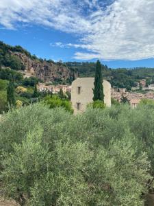 un viejo edificio en una colina con un árbol en LOU CALEN, en Cotignac