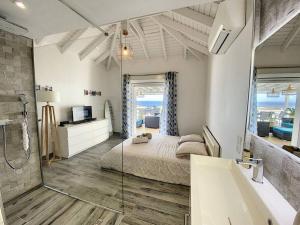 - une chambre avec un lit, une douche et une baignoire dans l'établissement Villa La Guapa, sea view, private pool, 5 min from the beach, à Oyster Pond 20 autres photos