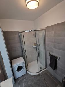 a bathroom with a shower and a washing machine at Antracit Apartman in Pécs