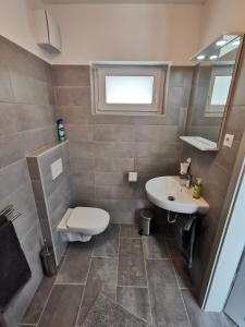 ein Bad mit einem WC und einem Waschbecken in der Unterkunft Antracit Apartman in Pécs