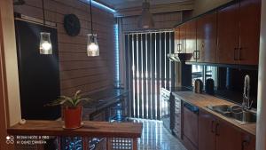 a kitchen with wooden cabinets and a table with a plant at Ano Poli Thessaloniki in Thessaloniki